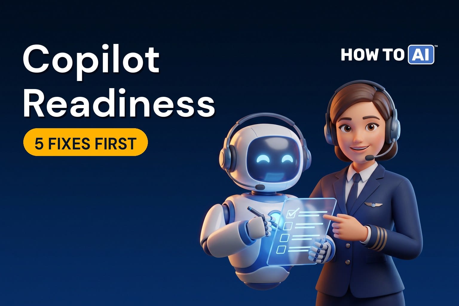 A woman pilot in a pilot's jacket and a friendly robot assistant standing side by side like pilot and co-pilot, both wearing headsets, a friendly