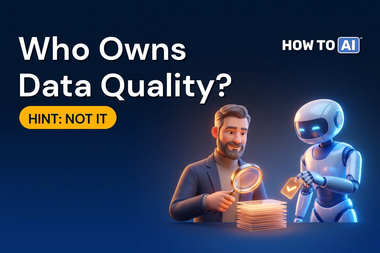 A middle-aged man holding a glowing magnifying glass inspecting a neat stack of glowing data cards while a friendly robot assistant hands him a small
