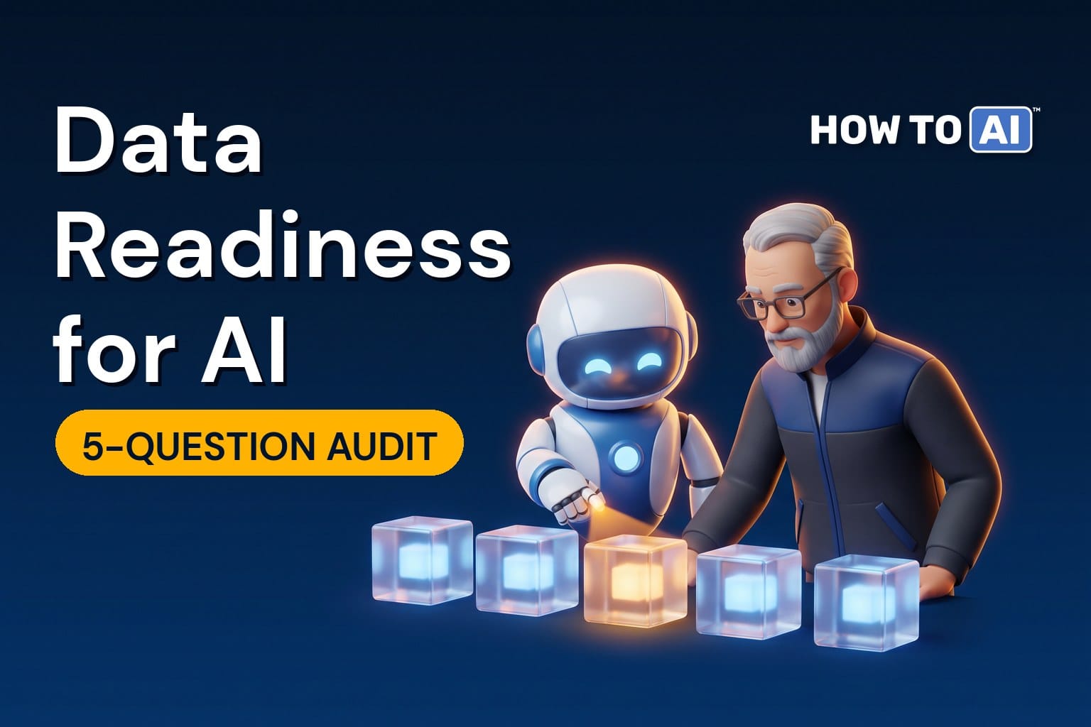 An older man data engineer and a friendly robot assistant examining five glowing data cubes lined up in a row, a friendly robot assistant marking one