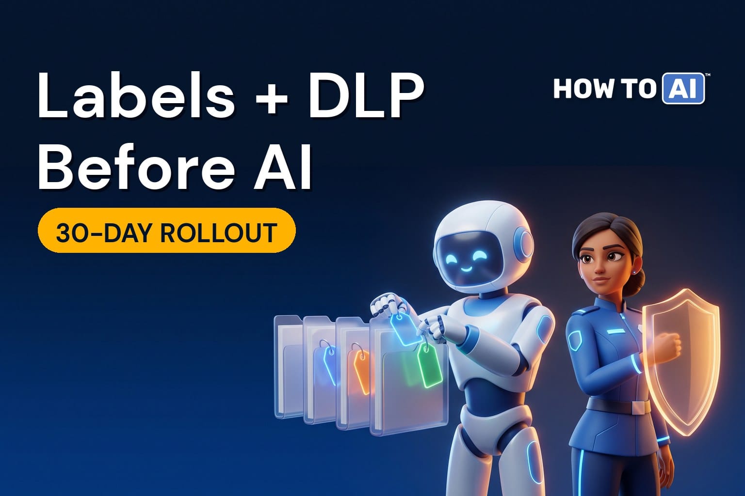 A friendly robot assistant attaching glowing colored tags to a neat row of document folders while a South Asian woman security lead holds up a