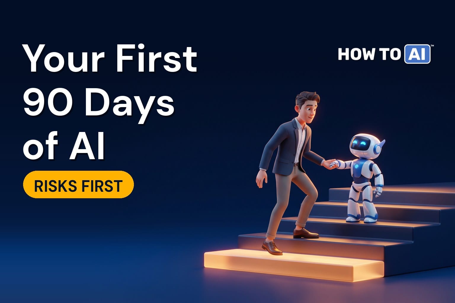 A friendly robot assistant and a young man climbing three wide glowing steps, the first step glowing amber