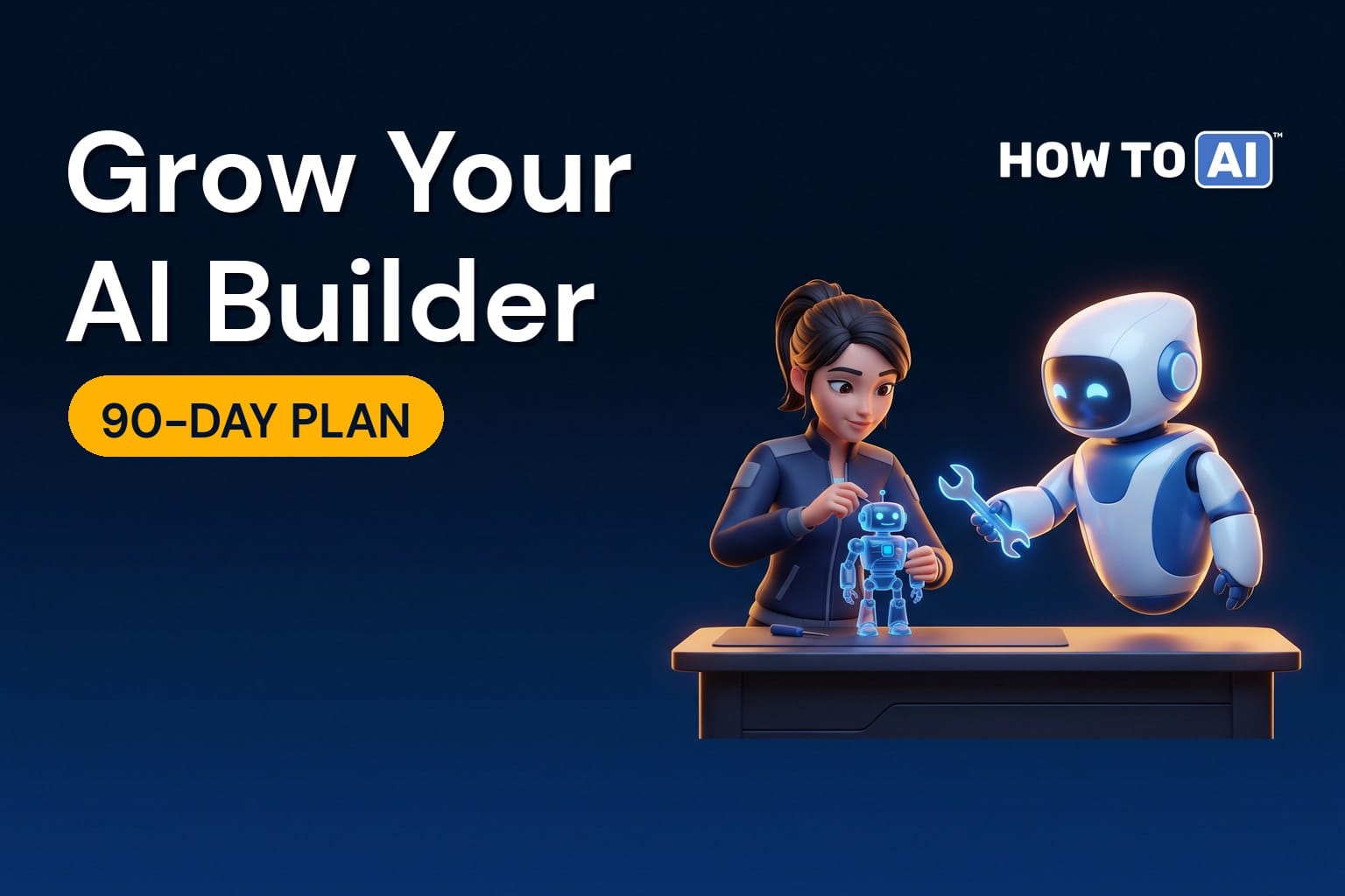 You Need One AI Builder on Staff. Here's How to Grow One A young woman engineer assembling a small glowing robot model on a workbench while a friendly robot assistant mentors her and hands her a glowing tool