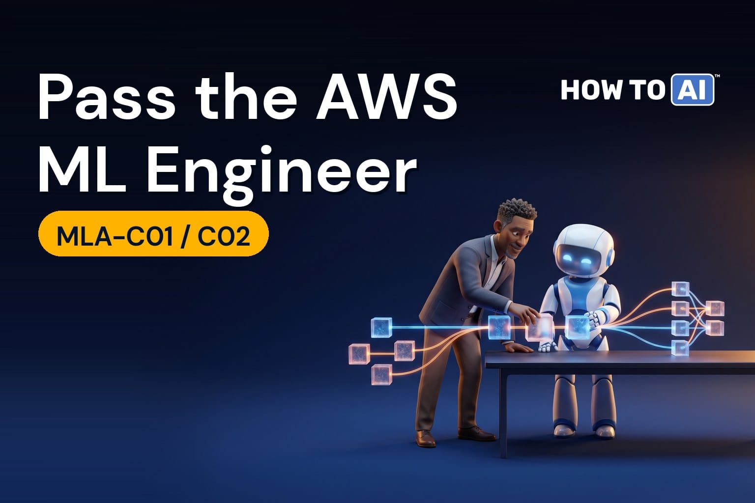 How to Pass the AWS ML Engineer Associate (MLA-C01/C02): A 6-Week Plan HOW TO AI robot mascot reviewing an ML pipeline diagram beside an AWS ML Engineer Associate MLA-C01 exam badge
