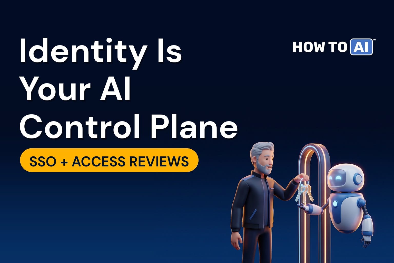 A gray-haired man security lead holding a glowing ring of keys and handing one key to a friendly robot assistant beside a small glowing gate