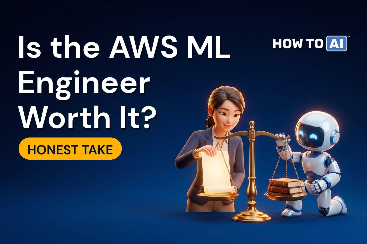 HOW TO AI robot mascot at a workbench wiring a model pipeline, AWS Certified Machine Learning Engineer Associate MLA-C01