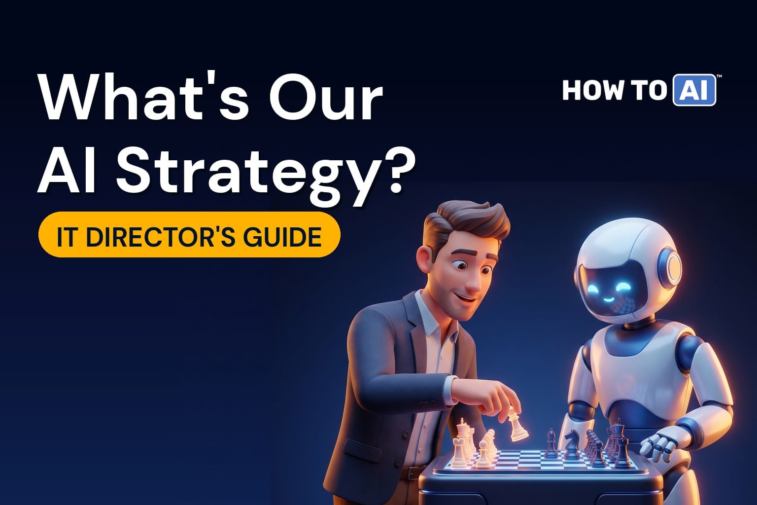 An IT director man and a friendly robot assistant leaning over a glowing chessboard, the man moving a piece forward