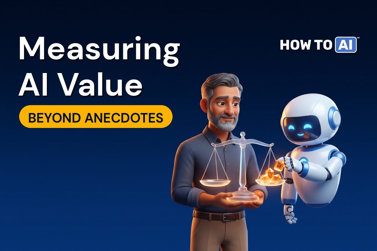 A middle-aged South Asian man analyst holding a glowing balance scale as a friendly robot assistant places glowing amber weights on one side