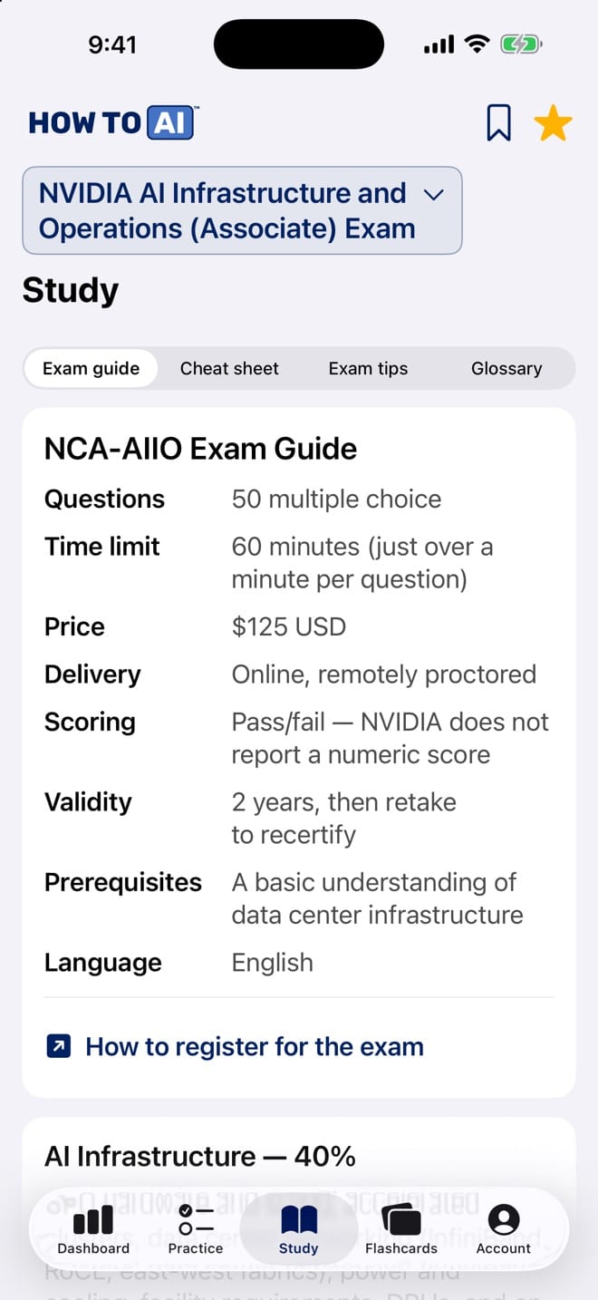 The NVIDIA NCA-AIIO study guide open in the HOW TO // AI CERT app on iPhone