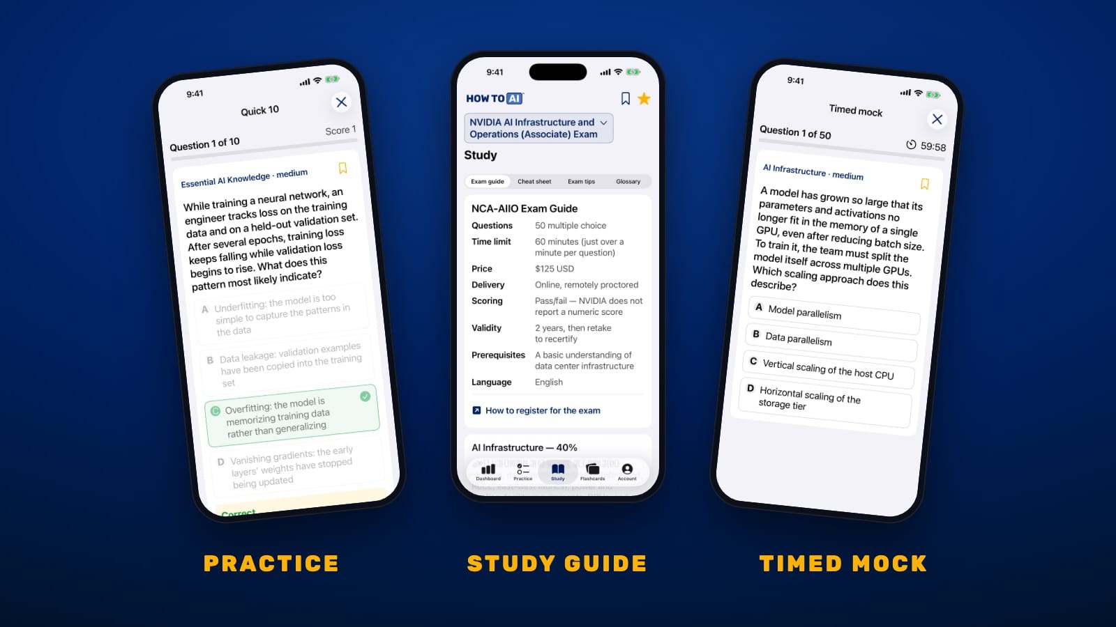 HOW TO // AI CERT on iPhone showing a NVIDIA NCA-AIIO practice question, the study guide, and a timed mock exam