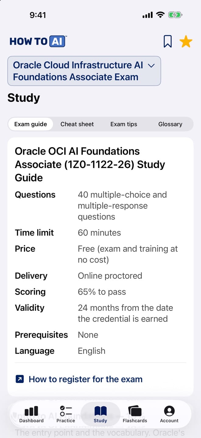 The Oracle OCI AI Foundations study guide open in the HOW TO // AI CERT app on iPhone