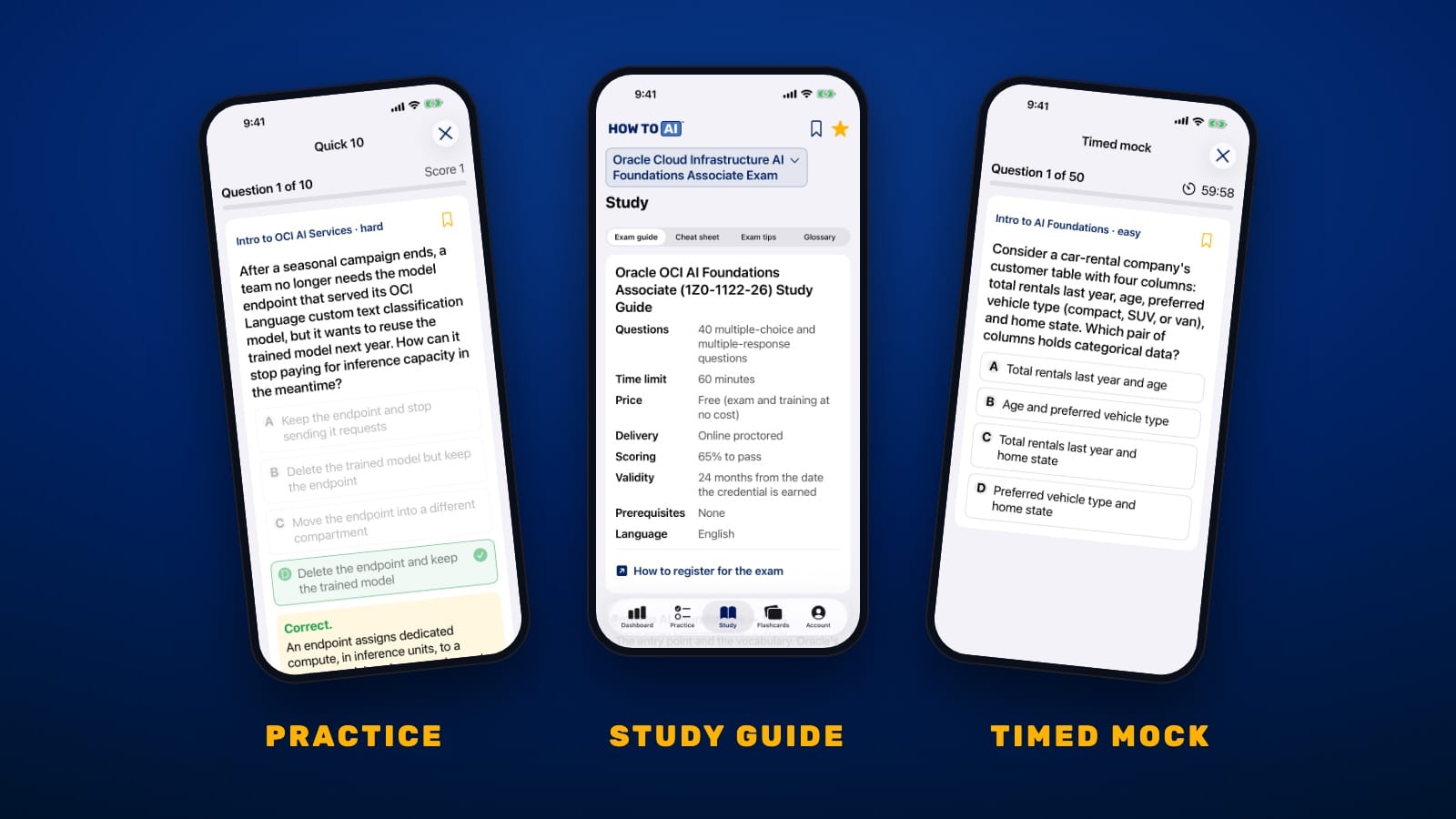 HOW TO // AI CERT on iPhone showing a Oracle OCI AI Foundations practice question, the study guide, and a timed mock exam