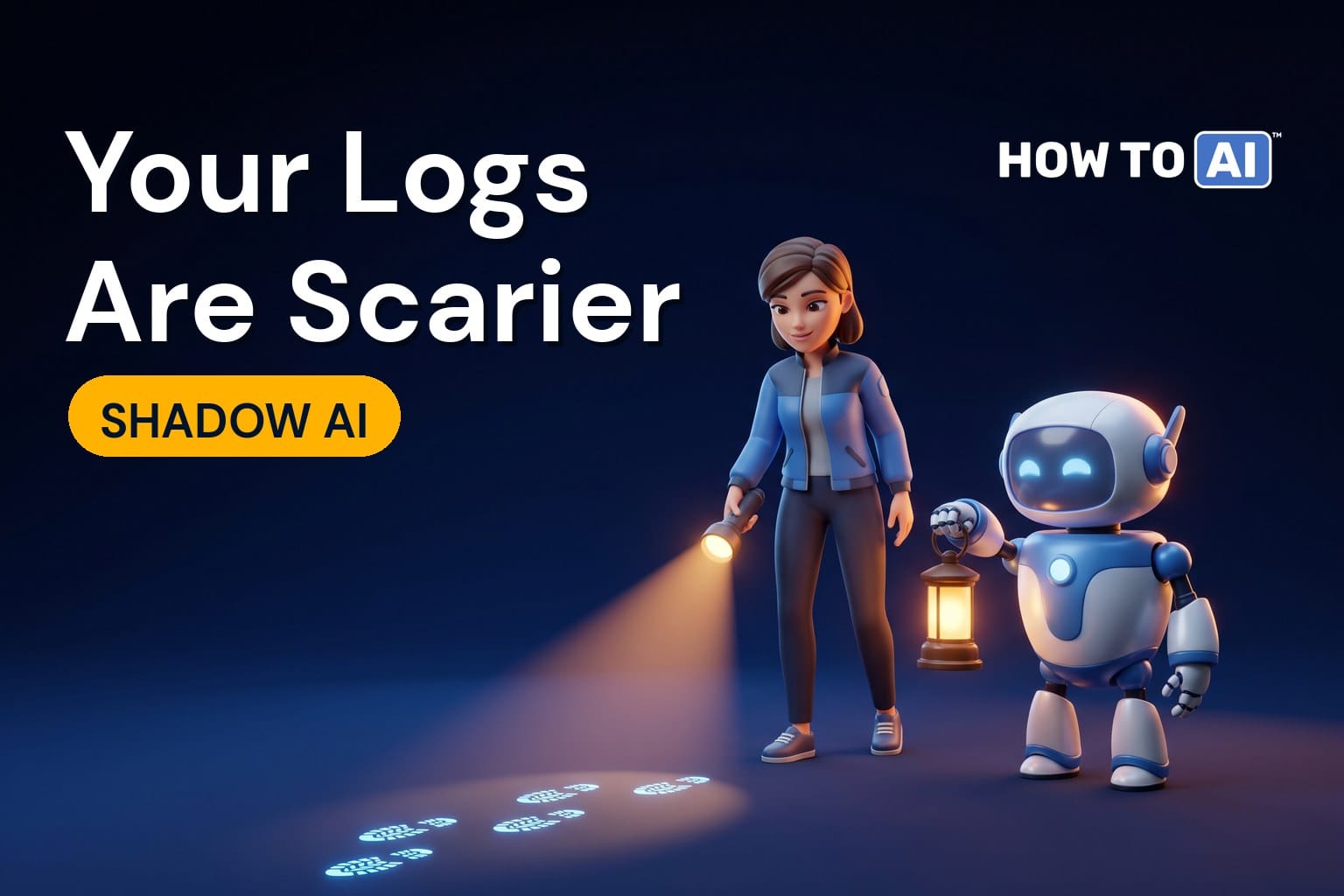 A woman security analyst shining a glowing flashlight that reveals hidden glowing footprints across the floor while a friendly robot assistant holds