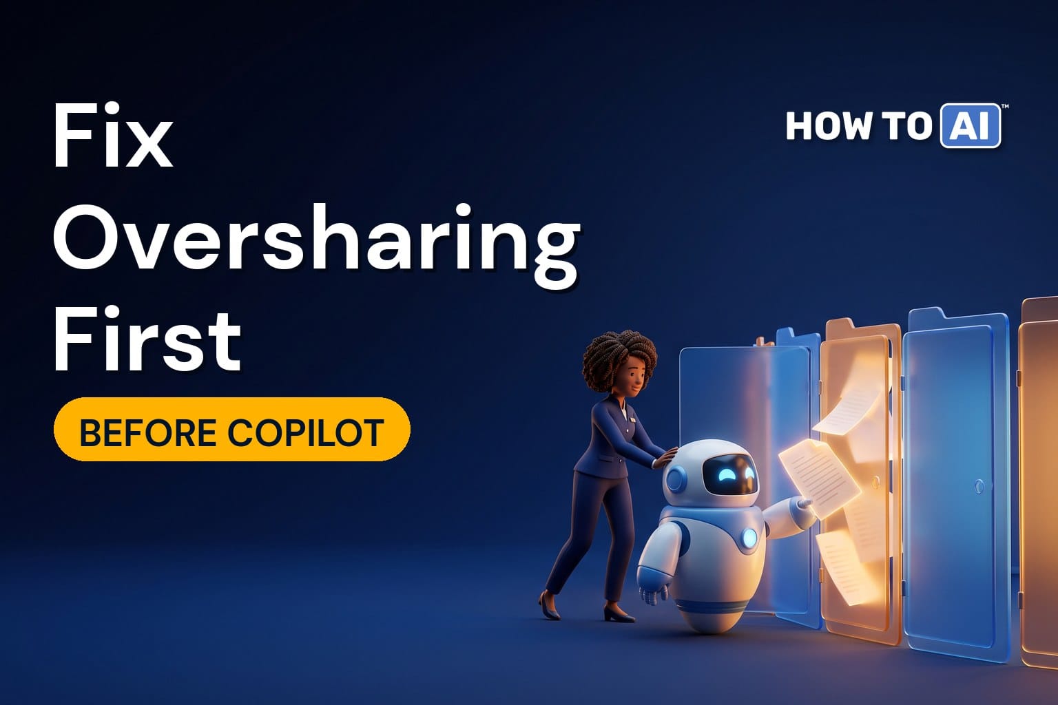 A young Black woman IT administrator and a friendly robot assistant closing a row of open glowing folder-shaped doors, a friendly robot assistant