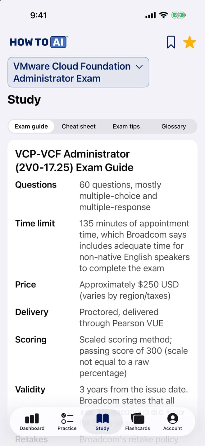 The VMware VCP-VCF Administrator study guide open in the HOW TO // AI CERT app on iPhone