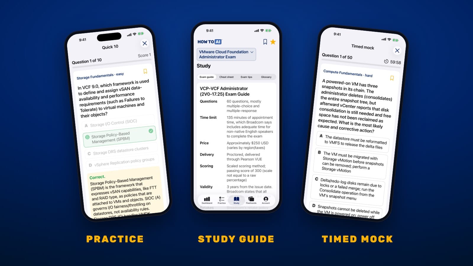 HOW TO // AI CERT on iPhone showing a VMware VCP-VCF Administrator practice question, the study guide, and a timed mock exam