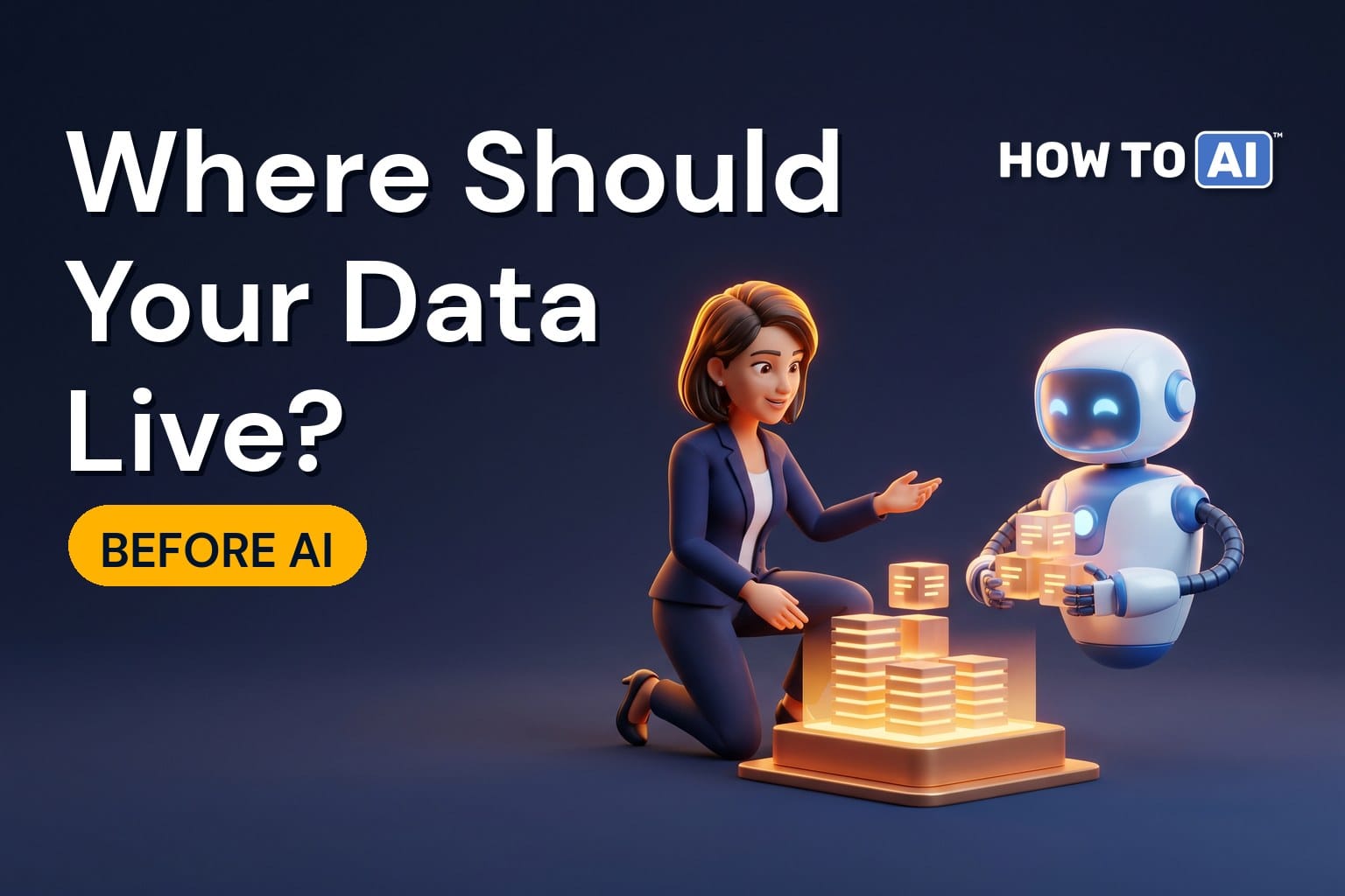 A woman IT architect in her forties and a friendly robot assistant gathering scattered glowing amber data blocks from around them onto one single