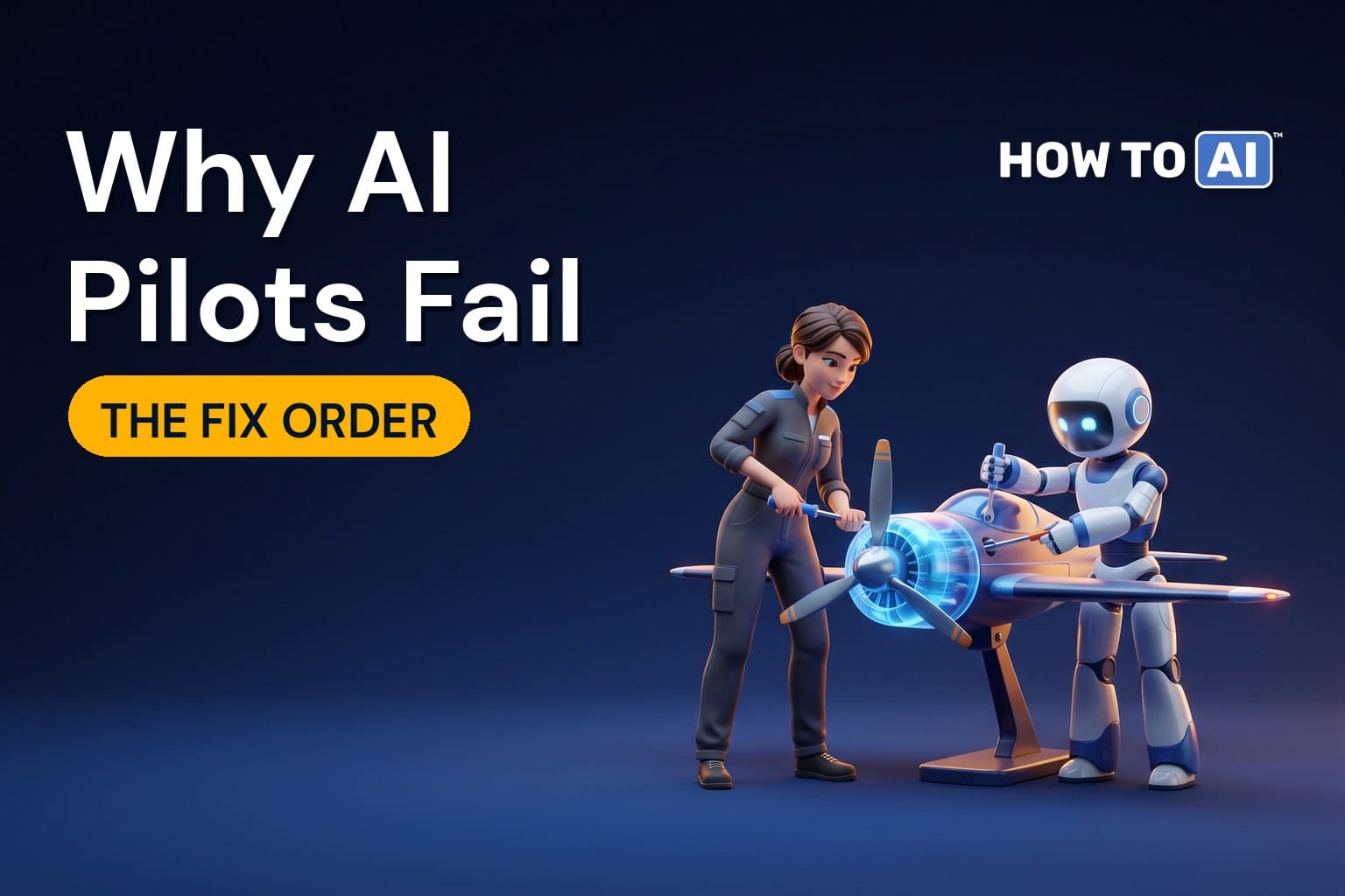 A friendly robot assistant and a woman mechanic repairing a small glowing propeller plane on a stand, tightening its parts in sequence
