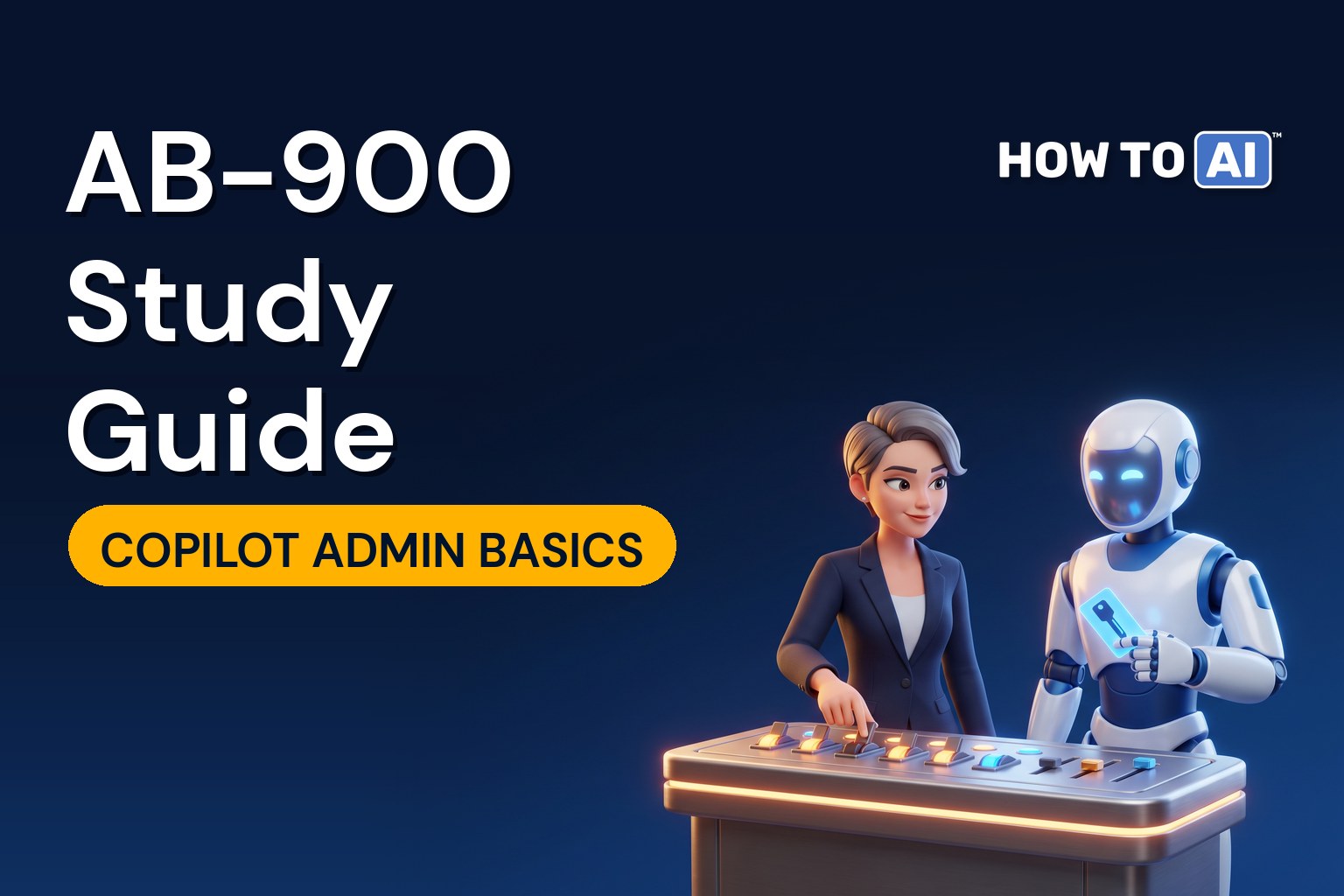 A woman IT administrator flipping a switch on a glowing console while a friendly robot assistant holds a key card
