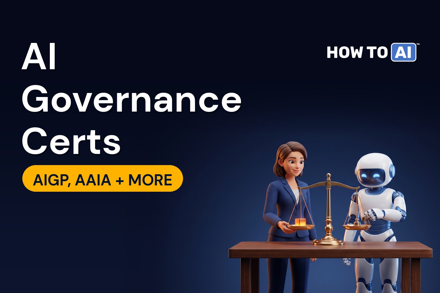 AI Governance Certifications in 2026: Every Real Option Compared A woman in a blazer and a friendly robot assistant balancing a brass scale at a table