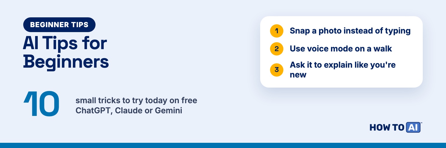Card: AI Tips Every Beginner Should Know, 10 small tricks, with a checklist of the first four