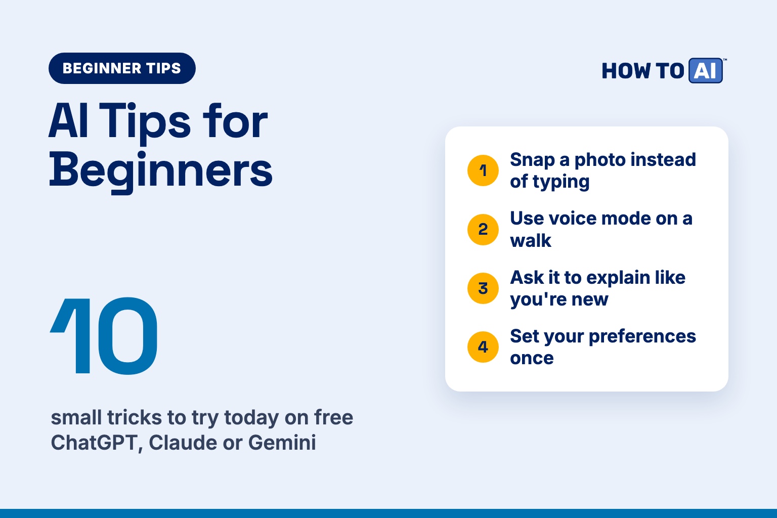 Card: AI Tips Every Beginner Should Know, 10 small tricks, with a checklist of the first four
