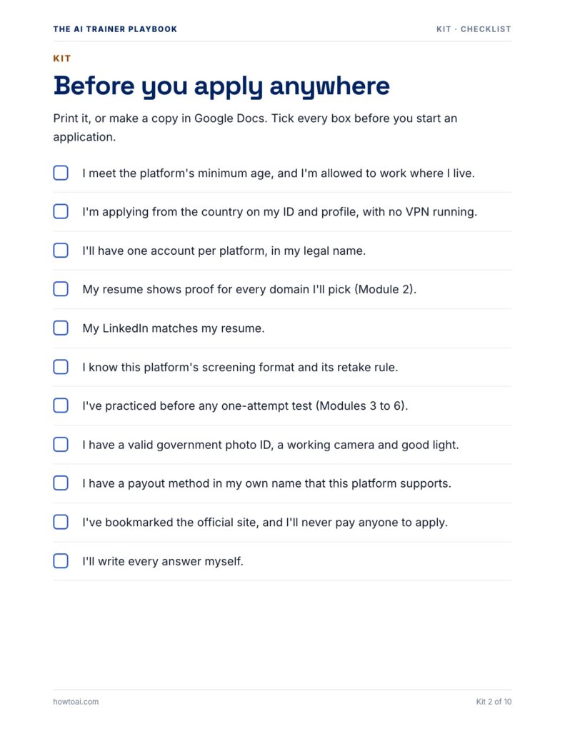 Sample kit page: the before you apply checklist