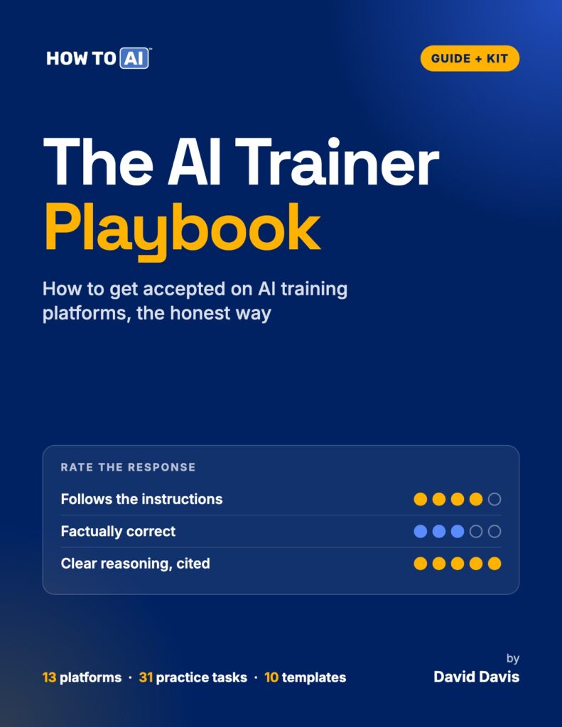 Cover of The AI Trainer Playbook, with two sample pages behind it