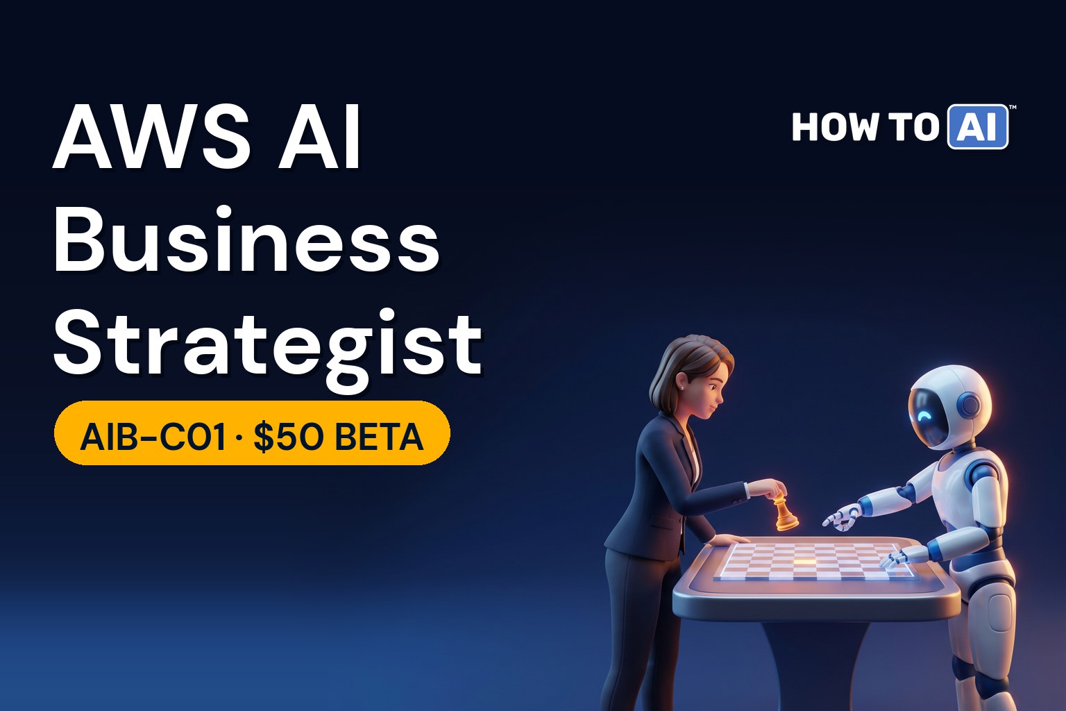 A businesswoman and a friendly robot assistant moving a glowing chess piece forward