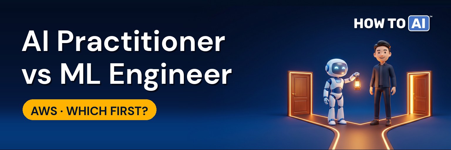 HOW TO AI robot mascot on a staircase between two badges, AWS AI Practitioner vs Machine Learning Engineer Associate