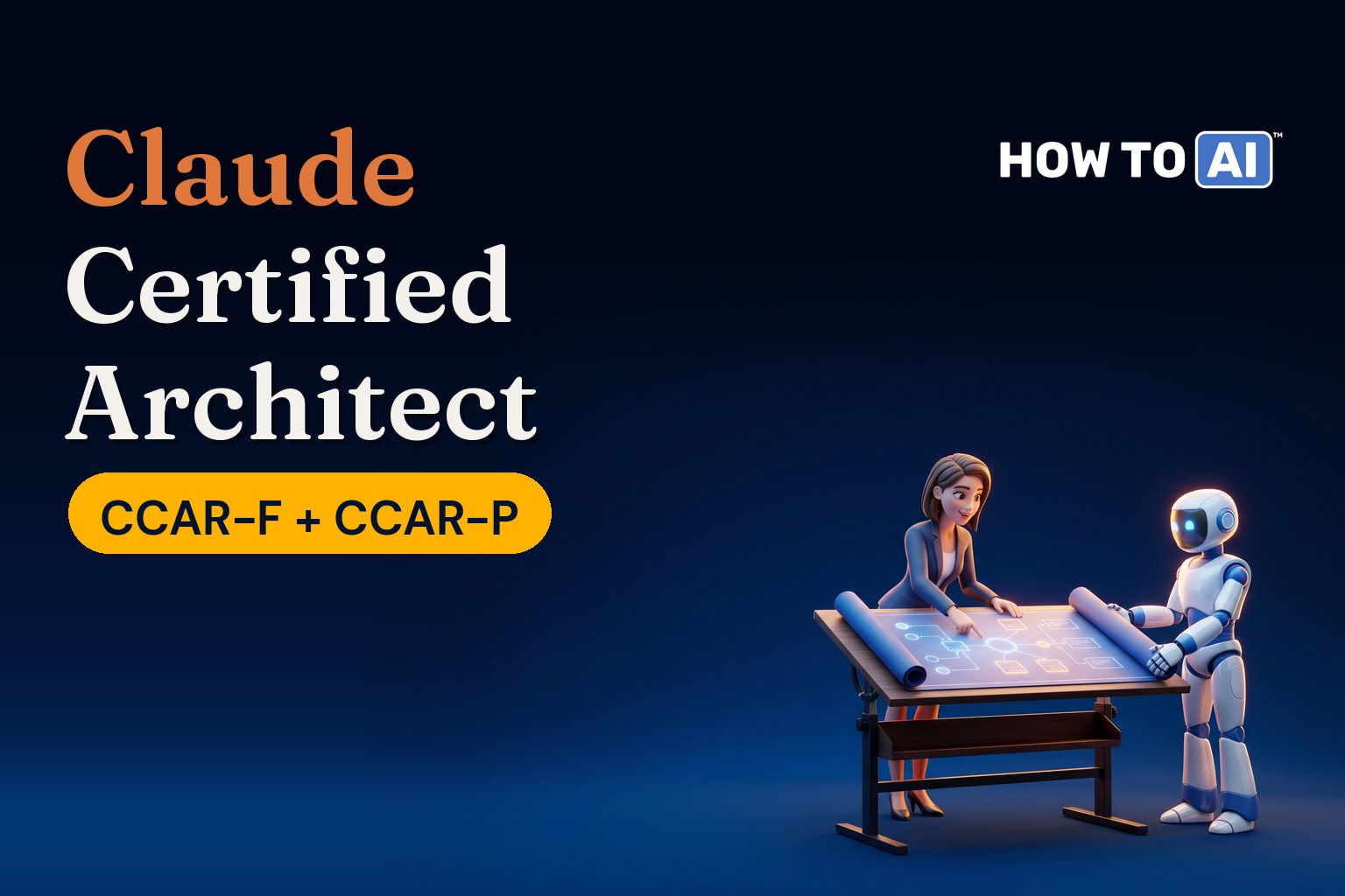 A woman architect and a friendly robot assistant unrolling a glowing blueprint on a drafting table