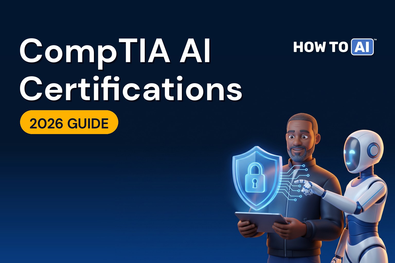 Security pro and a friendly robot assistant inspecting a glowing shield with a padlock