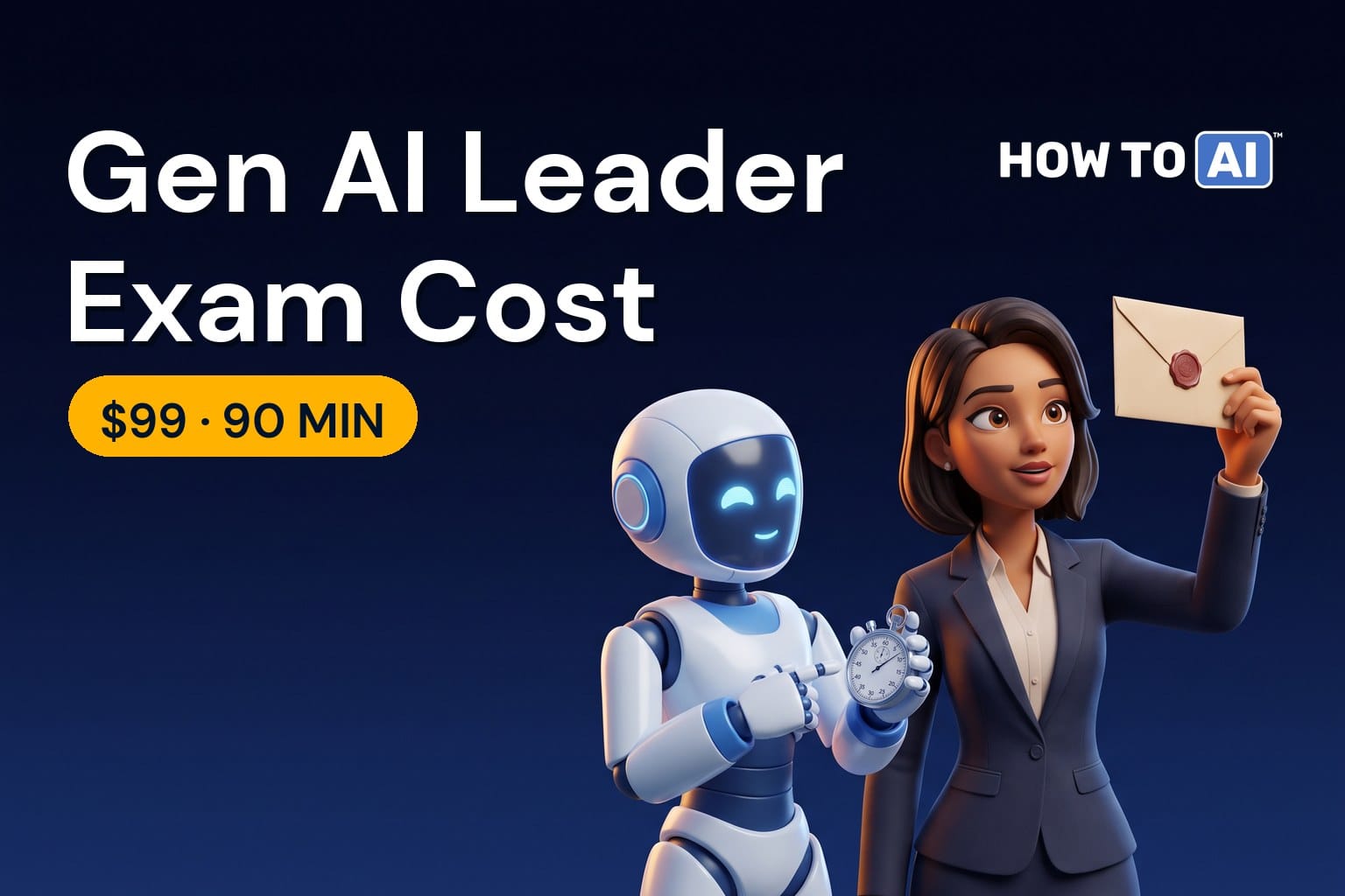 Google Generative AI Leader Exam Cost: Price, Questions, Retakes HOW TO AI robot mascot holding a $99 price tag next to a Google Cloud Generative AI Leader certification badge