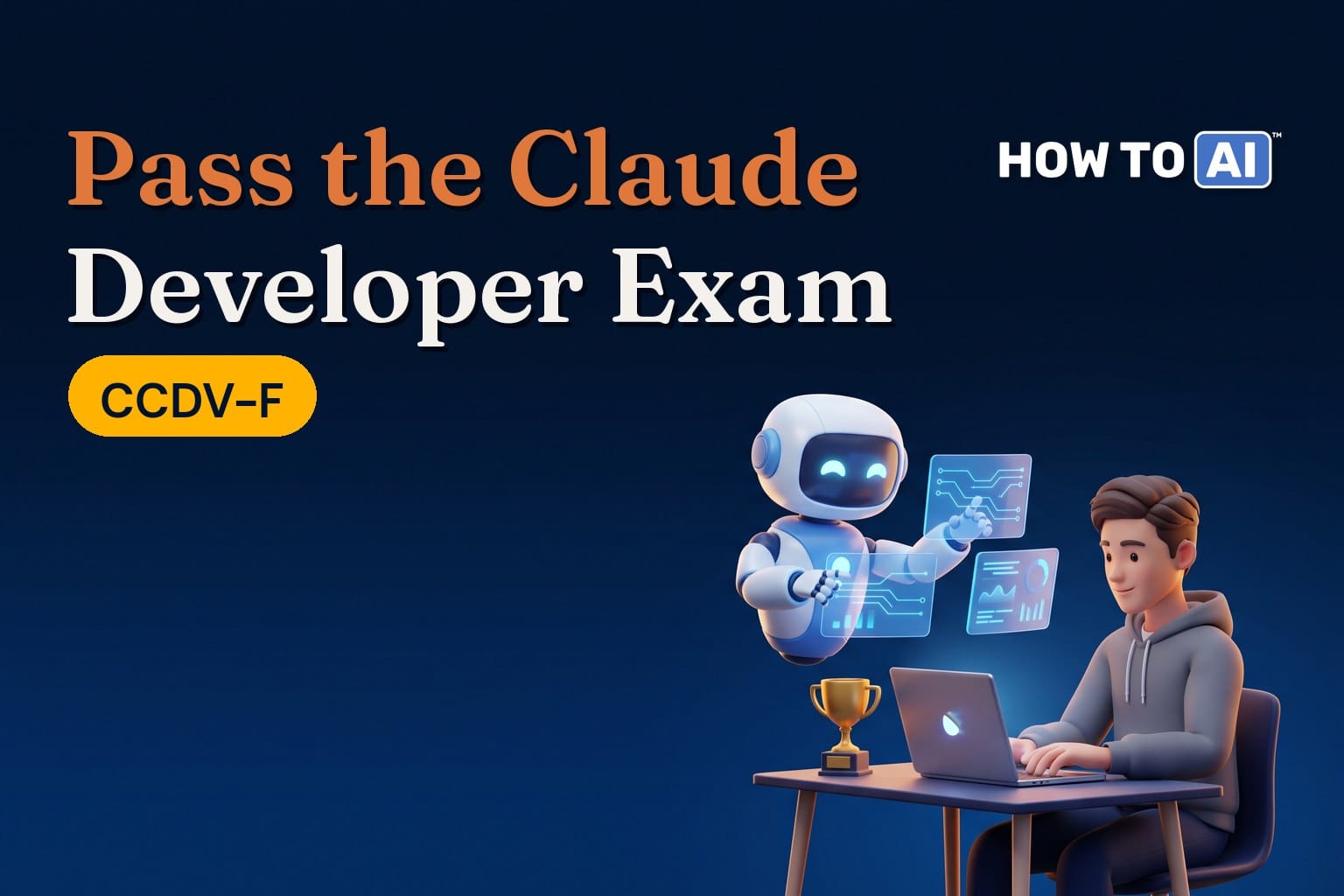 HOW TO AI robot mascot writing API code on two screens next to a Claude Certified Developer Foundations CCDV-F badge