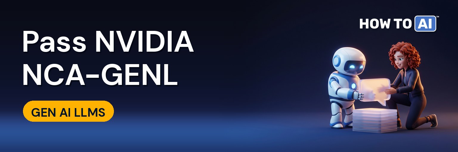 HOW TO AI robot mascot studying a transformer diagram next to an NVIDIA NCA-GENL Generative AI LLMs exam badge