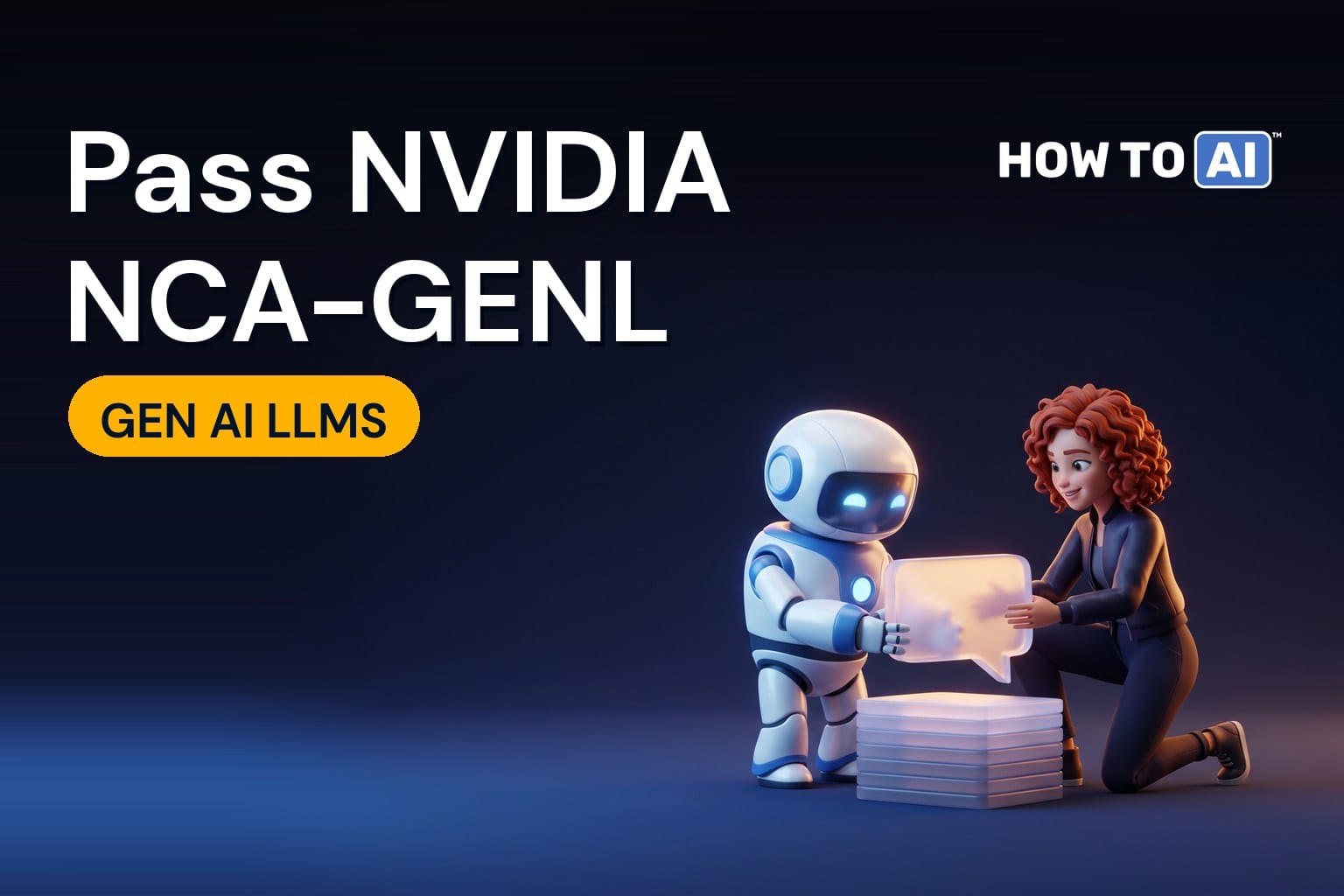 HOW TO AI robot mascot studying a transformer diagram next to an NVIDIA NCA-GENL Generative AI LLMs exam badge