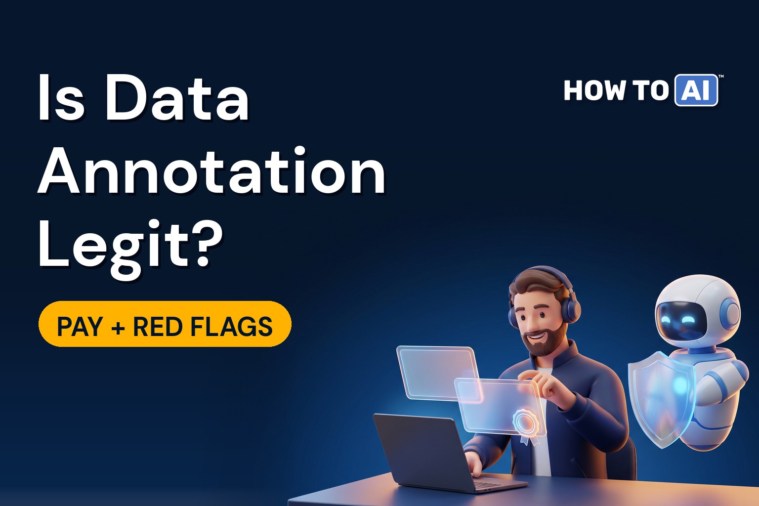 Is DataAnnotation Legit? What It Pays and What to Watch For A man with headphones approves an answer card while a friendly robot assistant holds a shield