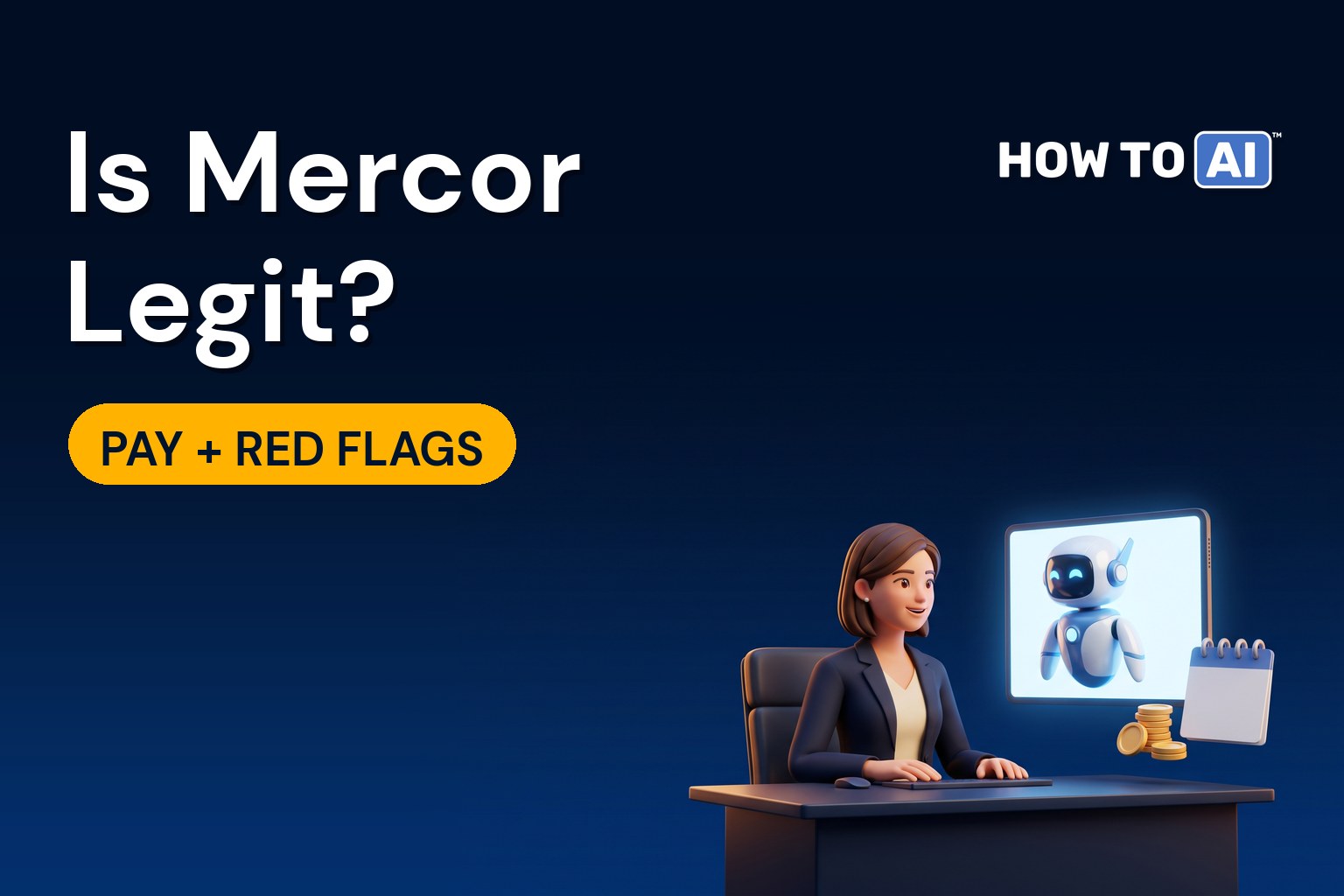 Is Mercor Legit? What It Pays and What to Watch For A woman on a video call with a friendly robot assistant, coins and a calendar beside her