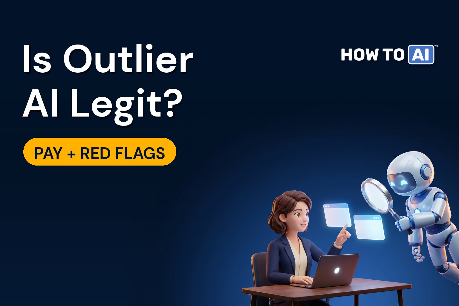Is Outlier AI Legit? What It Pays and What to Watch For A woman compares two answer cards while a friendly robot assistant inspects them with a magnifying glass