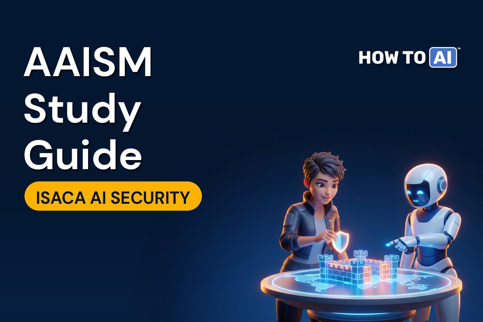 A security manager and a friendly robot assistant filling gaps in a glowing fortress on a map table