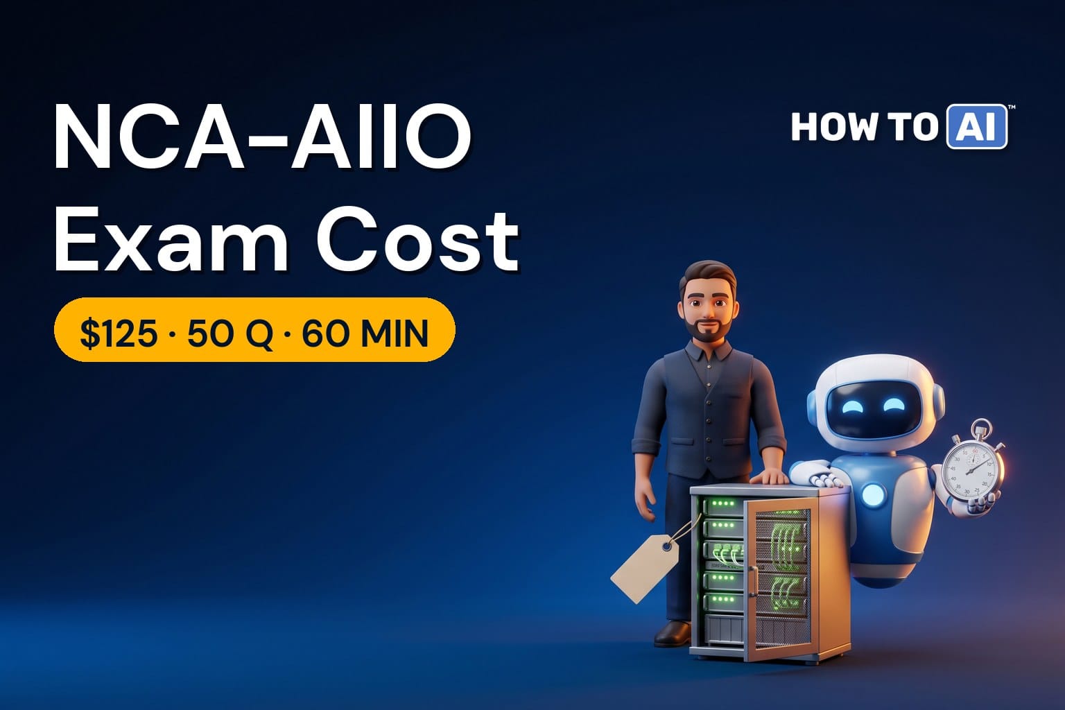 HOW TO AI robot mascot holding a $125 price tag in a GPU data center beside an NVIDIA NCA-AIIO certification badge