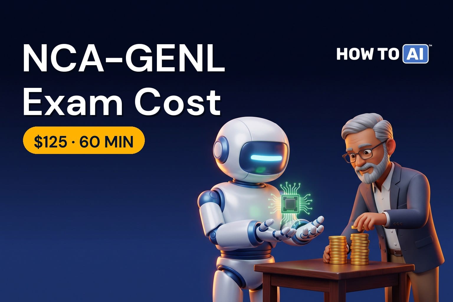 HOW TO AI robot mascot holding a $125 price tag next to an NVIDIA NCA-GENL Generative AI LLMs certification badge