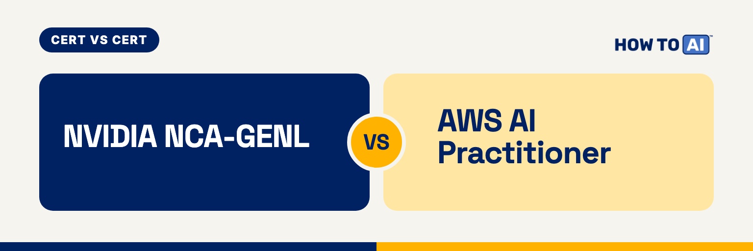 Card comparing NVIDIA NCA-GENL ($125, valid 2 years) with AWS AI Practitioner ($100, valid 3 years)