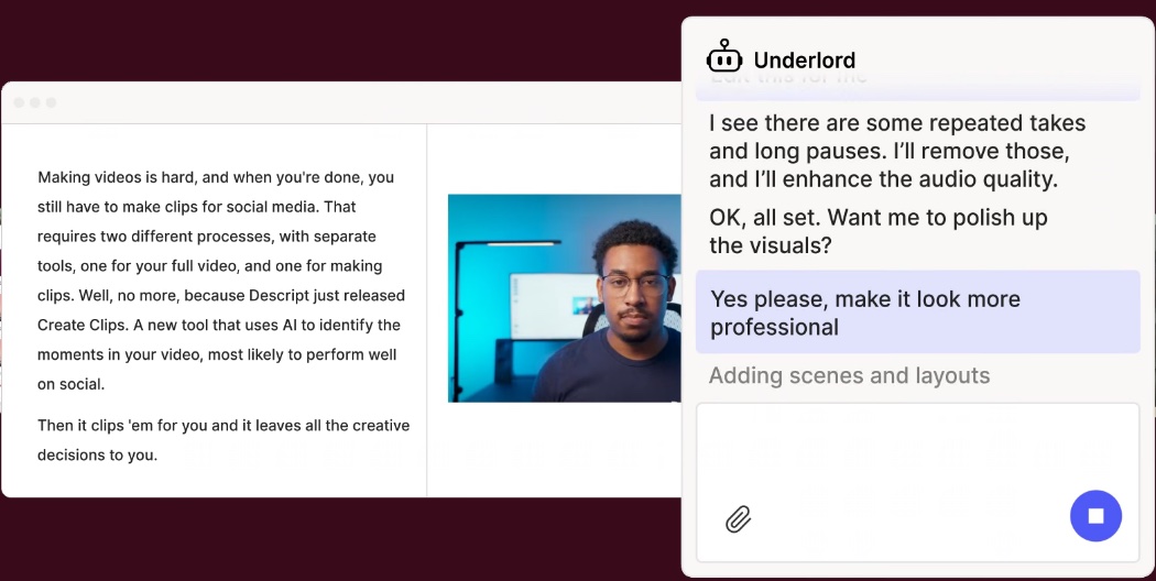 Descript editor showing a transcript, a video preview and the Underlord AI chat panel