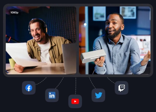 StreamYard studio with two hosts on video and icons for Facebook, LinkedIn, YouTube, X and Twitch
