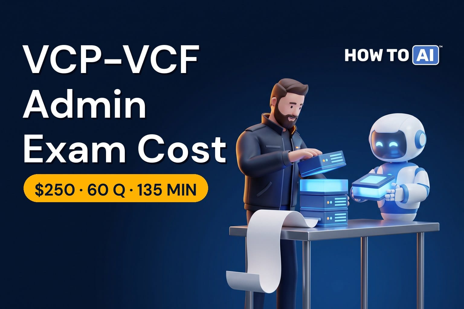 HOW TO AI robot mascot holding a $250 price tag beside a VMware VCP-VCF Administrator 2V0-17.25 exam badge